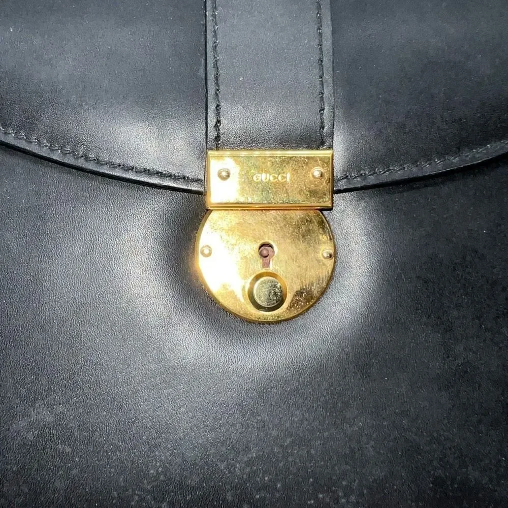 Gucci Vintage Black Leather Padlock Clutch Gold Tone Hardware